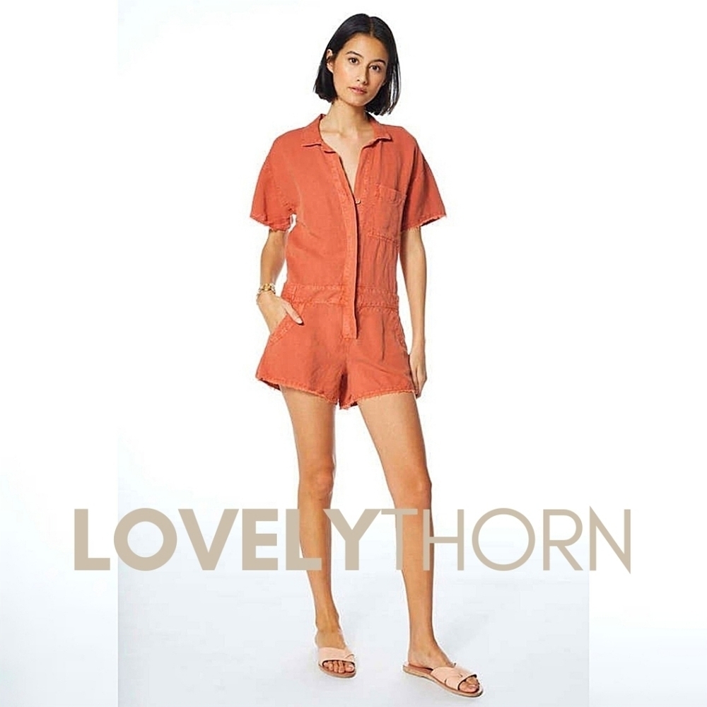 YFB // ltd ed linen blend short sleeved utility romper in paprika